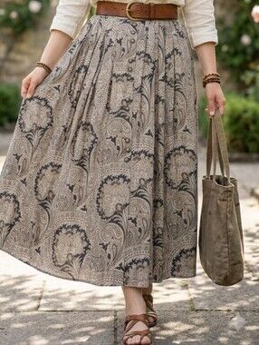 Steilmann Taupe and Charcoal Paisley Boho Festival Button Front Maxi Skirt Sz M